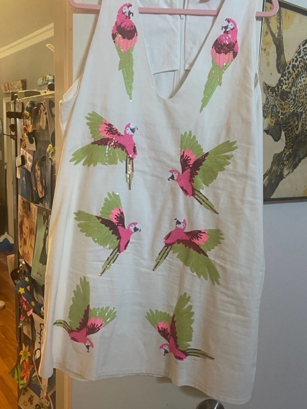 Queen of Sparkles White Tank Dress with Pink & Green Parrot Sequin Motifs